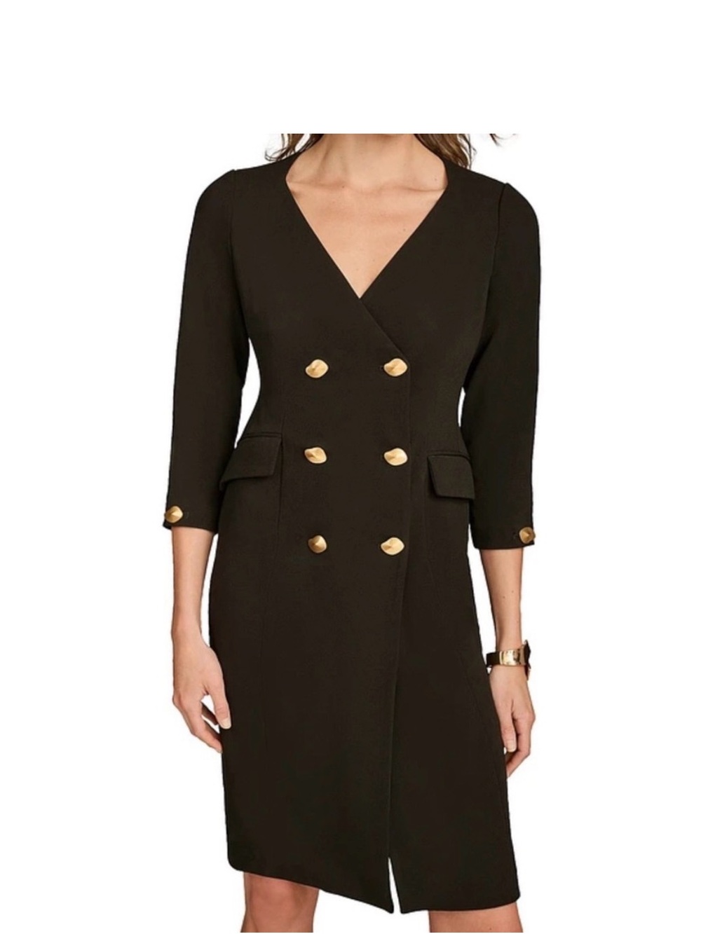 Donna Karan Black Midi Double-Breasted Dress with Gold Buttons